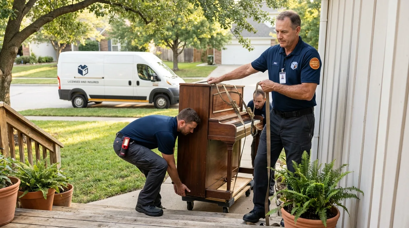 Licensed piano movers securing grand piano in Lock Haven, PA