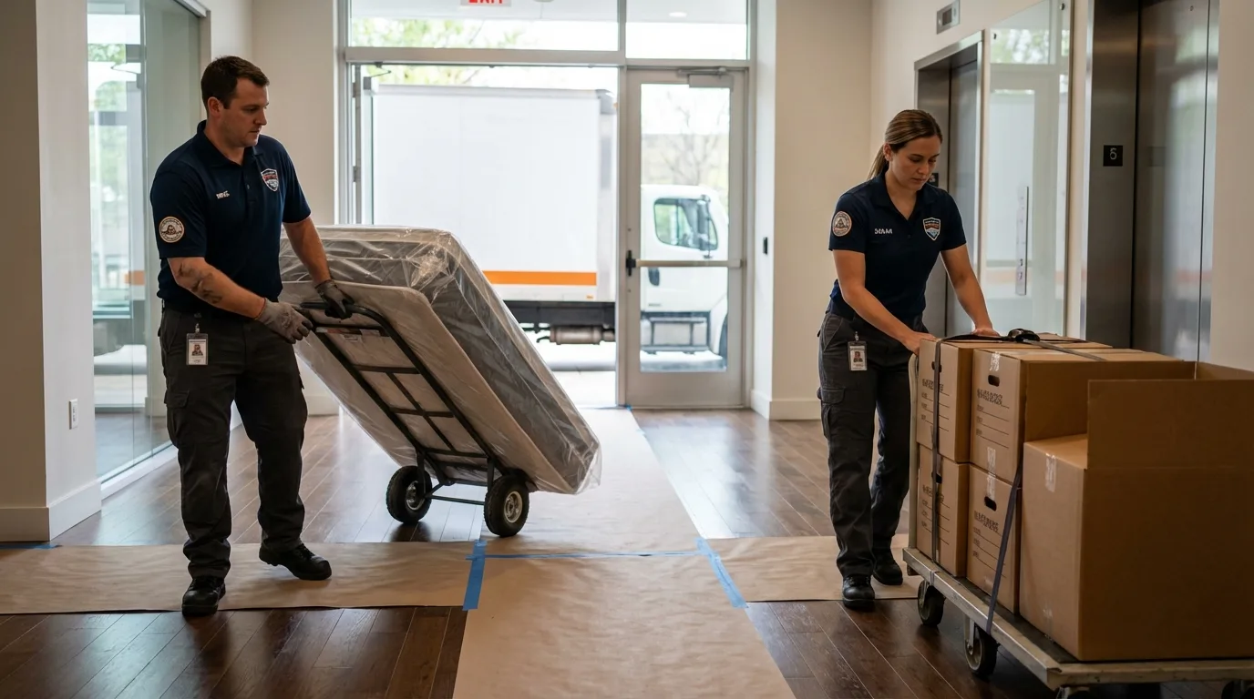 Professional apartment movers loading elevator in Lock Haven, PA