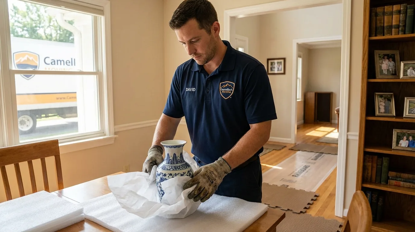 Professional crew carefully wrapping antique vase for senior downsizing move in Lock Haven, PA